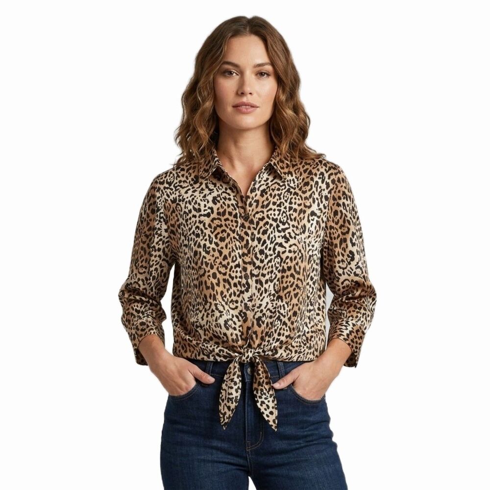 Chico's Animal Print No Iron Tie-Front Button Shirt